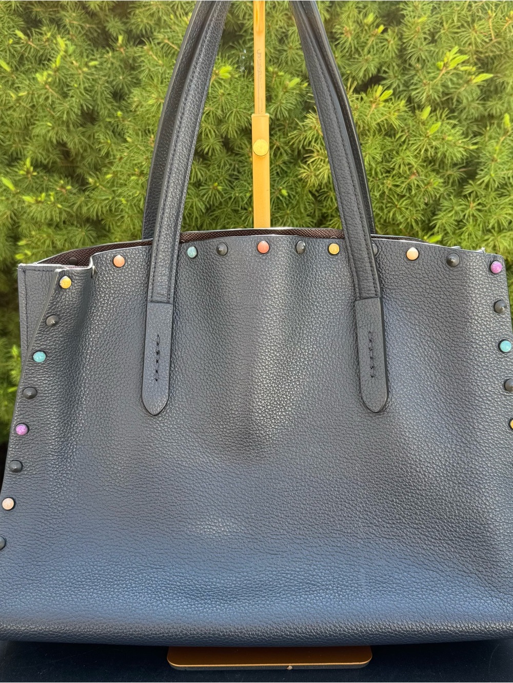 COACH *RARE* Charlie Navy Pebbled Leather Tote with Multicolor Studs - Picture 12 of 13
